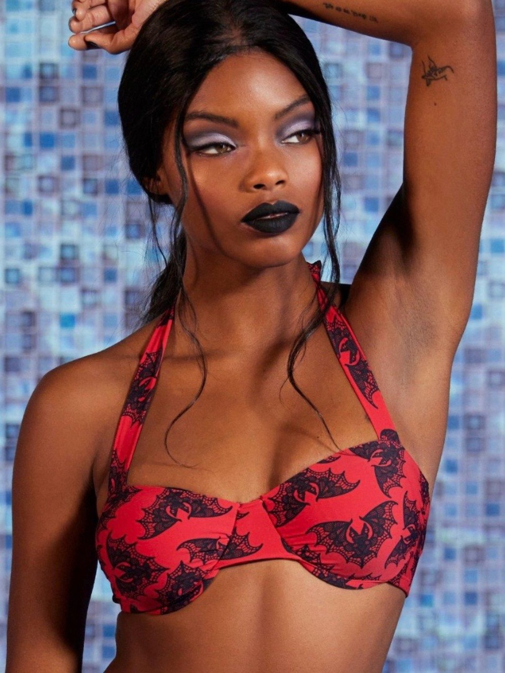 NWT Hot Topic Red and Black Bat-Print Halter Bikini Top
